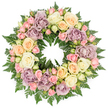 A richly detailed funeral wreath of roses and fern foliage is presented against a pure white background, its circular shape forming a complete and continuous ring of blooms. The arrangement is tightly composed so that roses in varying pastel shades touch and overlap, creating a flowing tapestry of petals. Soft ivory and creamy white roses set a peaceful foundation, while gentle peach, warm buttery yellow, and blush pink blossoms add warmth and tenderness. Threaded throughout are striking dusty lavender and muted mauve roses, their unusual colouring giving the wreath an air of quiet sophistication and old-world charm. Large, open roses with layered, velvety petals sit beside half-open blooms and delicate buds, introducing depth and an organic rhythm to the design. Nestled among them are clusters of smaller spray roses, filling tiny gaps and enhancing the sense of abundance. All of the blooms rest on a bed of dark green fern fronds, whose fine, feathered leaves peek through and around the flowers, framing the circle with rich colour and soft texture. The contrast between the deep green and the pastel tones adds a calm, dignified focus, as if the wreath might be placed at a Stanmore church service or carried along the quiet streets near Stanmore Station. The even, unbroken round of flowers is a visual symbol of eternity and enduring affection, offering comfort in moments of grief. This kind of wreath would be chosen by families in Stanmore who want a classic floral expression of condolence, crafted with thoughtfulness and respect for both the departed and those left to remember.