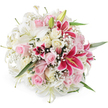 A lavish, dome-shaped bouquet of lilies, roses, and gypsophila is captured from a slightly elevated angle against a pure white studio background, evoking the feeling of opening the door to a fresh flower delivery in Stanmore. Broad, trumpet-shaped white lilies anchor the design, their petals smooth and luminous, curving open to show pale green throats and tidy stamens that lend subtle detail. Around these lilies, clusters of blush pink roses and creamy ivory roses are arranged so closely that they form a continuous tapestry of velvety petals, some roses still in tight buds, others fully opened into lush, layered cups. Adding intensity and focal interest, several deep fuchsia or magenta Oriental lilies stand out, their richly coloured petals flecked with darker spots and crowned with bright yellow anthers, creating pockets of dramatic contrast among the softer hues. Fine, branching sprays of white baby's breath drift through the bouquet, filling small gaps and creating an airy, mist-like layer that softens the dense structure. Hints of fresh green foliage and a few unopened lily buds at the edges introduce a natural rhythm, suggesting that the arrangement will continue to evolve over the coming days. The lighting is bright and even, with no harsh shadows, allowing each flower's texture and tone to be seen distinctly, from silky lily petals to the delicate, papery gypsophila blossoms. This bouquet feels perfect for marking significant moments in Stanmore, whether decorating a home near Canons Park for a family celebration, brightening a quiet afternoon on Stanmore Hill, or sending a heartfelt message of love, gratitude, or sympathy through a generous, thoughtfully composed floral gift.
