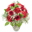 A sumptuous bouquet of red and white flowers rests in a clear glass vase, isolated against a pristine white background that makes every detail stand out with striking clarity, like a carefully staged centrepiece for a Stanmore celebration. Deep crimson roses are the main attraction, their velvety petals curled into refined spirals, some blooms still tightly budded, others softly opening, suggesting tenderness, passion, and the slow unfolding of shared memories. Interwoven with the roses are abundant red carnations, their multi-layered, frilled petals creating soft, rounded mounds of colour that bring a sense of generous fullness and texture to the composition. A gentle haze of white baby's breath drifts throughout the arrangement, each tiny blossom forming part of a delicate cloud that offsets the bold reds with a pure, almost ethereal brightness, reminiscent of early morning light over Stanmore Common. Around the blooms, fresh greenery emerges in varying tones, from the glossy, deep green of classic rose leaves to the rounded, silvery-green eucalyptus that adds movement, dimension, and a refined touch of natural elegance. The clear glass vase, with its slightly flared opening and sturdy base, reveals straight, carefully trimmed green stems submerged in fresh water, quietly reflecting the meticulous care of a local Stanmore florist. Shaped into a harmonious dome, the bouquet appears dense, balanced, and thoughtfully constructed. The mood is unmistakably romantic yet appropriate for many occasions, whether it's an intimate anniversary dinner near Stanmore Broadway, a Valentine's Day surprise delivered across HA7, or a heartfelt gesture of congratulations or gratitude, expressed through the timeless pairing of red roses, red carnations, and white baby's breath.