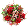 Set against a crisp, white background, this bouquet looks like a vibrant jewel when viewed from above, its rounded shape filled to the brim with rich reds, soft pinks, and lush greens. At its core are sumptuous red roses, their velvety petals opening in deep, elegant spirals that range from almost-closed buds to fully open blooms, each one a small declaration of affection. Threaded delicately among them, sprays of pale pink waxflowers bring a light, airy touch, their tiny star-shaped petals and subtle yellow stamens softening the overall look and adding intricate detail. The roses and waxflowers are anchored by a generous halo of mixed foliage: some leaves smooth and glossy, others more slender and textured, all in varied shades of green that evoke the fresh, leafy feel of Stanmore's residential streets and nearby parks. Adding a distinctive flourish are bronze and burgundy-toned leaves, their reddish-brown veining and slightly metallic sheen lending the arrangement a refined, slightly autumnal character, like evening light across Stanmore's gardens. Tucked unobtrusively between the larger blooms are smaller dark red flowers, reminiscent of alstroemeria, that deepen the colour palette and provide additional layers of interest. The bouquet forms a full dome, suggesting abundance and care, as though it has been thoughtfully gathered for a milestone celebration or an intimate dinner at home. Just visible at the base is a slip of red and white patterned tag or ribbon, hinting at a personal message ready to accompany the flowers on delivery to a house near Stanmore station or a cosy restaurant along the Broadway. The overall mood is one of passion, gratitude, and quiet elegance, ideal for anniversaries, romantic gestures, or heartfelt congratulations in Stanmore.