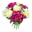 This photograph shows a full, hand-tied bouquet posed against a pristine white background, its colours and shapes standing out clearly, much like a freshly finished piece on a Stanmore florist's work table. The central feature is a cluster of creamy white roses, their petals slightly warmed by hints of pale yellow, spiralling inwards to create soft, rounded blooms that anchor the arrangement with classic elegance. Surrounding these are rich magenta and fuchsia chrysanthemums, each flower bursting with layers of slender petals that curve gently around bright yellow-green centres, introducing a lively, joyful note. Threaded between the larger roses and mums are delicate sprigs of tiny white daisies-likely chamomile or feverfew-whose petite white petals and sunny yellow centres contribute an airy, country-garden lightness. A few smaller chrysanthemum buds in deeper purple-pink hues are tucked among the open flowers, giving added depth and the promise of continued unfolding beauty over the next days. At the base and peeking between blooms, lush dark green foliage supports and frames the flowers, offering cool contrast and structure. The stems are gathered neatly into a straight bundle and wrapped with a green and white checkered ribbon, the gingham pattern lending a friendly, hand-crafted finish, as if tied just before a local delivery. Soft, even lighting washes across the bouquet, highlighting the velvety texture of the roses and the slightly ruffled mums while casting only the gentlest shadows. The arrangement radiates cheerful warmth and affectionate intention-an ideal floral gift for celebrating milestones, welcoming a new neighbour near Stanmore station, or brightening a quiet evening on one of the area's leafy residential streets.