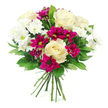 A full, rounded bouquet is photographed against a crisp white background, highlighting the contrast between soft neutrals and vivid colour, as if freshly finished by a Stanmore florist for local delivery. At its core, several creamy white roses bloom generously, each flower displaying layers of gently curving petals that spiral outward, suggesting softness, comfort, and understated romance. Surrounding these are clusters of white spray chrysanthemums, their many fine petals radiating out like delicate stars from light green centres, adding brightness and a clean, contemporary feel. Interspersed among the whites are deep magenta and fuchsia spray chrysanthemums, their petals denser and more compact, creating bold pockets of colour that give the arrangement a lively, celebratory spirit, much like the cheerful bustle near Stanmore Broadway. Rich, glossy green leaves, likely Ruscus or Salal, frame and weave through the flowers, their smooth surfaces catching the light and providing structure and depth to the overall silhouette. The stems are neatly gathered and tied below, clearly forming a hand-tied bouquet that would slip easily into a vase on a dining table, office desk, or windowsill overlooking the tree-lined streets of Stanmore. The lighting is even and soft, with no strong shadows, so the whites appear creamy rather than stark, and the magentas look velvety and rich. Visually, the bouquet conveys joy, gratitude, and gentle optimism-ideal for marking a special milestone, brightening a friend's day, or simply bringing a garden-fresh touch of Stanmore's calm, leafy character indoors.
