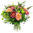 This photograph shows a luxurious, hand-tied bouquet set against a clean white background, every bloom standing out as though just arranged in a Stanmore florist's studio. The arrangement feels generous and rounded, with softly glowing peach, apricot, and salmon-pink roses forming the heart of the design. Their petals are tightly layered yet beginning to open, showing subtle shifts in tone from pale, creamy blush at the outer edges to richer, deeper colour in the centre, creating an inviting, romantic softness. Interwoven among the roses are dramatic Gerbera daisies in shades of deep magenta and burgundy, their long, slender petals radiating from lighter, detailed centres that add a touch of brightness and texture. Towards the upper portion of the bouquet, a single King Protea provides a bold, sculptural accent. Its thick, overlapping bracts, shaded from maroon and reddish-brown to delicate blush tips, give the design a contemporary, slightly exotic flair that would look striking in homes near Stanmore's leafy roads and quiet cul-de-sacs. Dotted throughout are clusters of vivid lime-green Santini chrysanthemums, each one a compact sphere of tightly packed petals that inject a lively, zesty contrast against the warmer tones. Surrounding the flowers, a rich selection of greenery creates structure and movement: large, glossy leaves provide a dark, polished base, narrow sword-like blades stretch upwards to add height, and rounded eucalyptus leaves in cool, silvery-green tones soften the edges with a gentle, natural drape. The stems are neatly gathered and tied, visible at the bottom as a perfectly finished hand-tied bunch, ready for same-day delivery around Stanmore, Canons Park, and nearby neighbourhoods. The mood is one of joyful elegance, ideal for celebrations, thank-you gifts, or simply brightening someone's day.