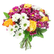 A richly coloured, hand-tied bouquet fills the frame against a plain white background, allowing every petal and leaf to stand out with clarity, as though it has just been set down in a Stanmore living room bathed in natural light. The arrangement is rounded and full, composed of different flower shapes and sizes that nestle into one another to create a sense of generous abundance. Prominent among them are several bi-colour roses whose petals shift beautifully from a glowing golden yellow at the core to warm orange and gentle reddish tones along the outer edges, giving the bouquet a warm, welcoming heart. Scattered throughout are white daisy-like chrysanthemums, their simple, clean petals surrounding almost neon lime-green centres that lend a fresh, contemporary edge to the overall palette. Intermingling with the daisies and roses are clusters of deep magenta and fuchsia chrysanthemums, compact and densely petalled, each with a small yellow-green centre that subtly ties the colours together, much like the varied yet harmonious houses along Stanmore's leafy avenues. Dark green foliage, smooth and glossy, tucks in between the blossoms, providing contrast and depth, as if echoing the greenery around Canons Park and the local gardens that inspire many arrangements in the area. At the base, the stems are gathered neatly and cut straight, clearly visible against the white ground and suggesting a freshly prepared bouquet ready to slip into a waiting vase. The composition feels cheerful and celebratory, perfect for sending love, congratulations, or a bright thinking of you to someone in Stanmore.