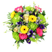 A colourful mixed bouquet fills the image, resting against a pure white background that acts like a blank canvas for its lively blooms. At its core are sumptuous hot pink roses, their petals lightly brushed with white at the edges and layered in soft, velvety spirals that create a sense of depth and luxury. Encircling them, bright yellow gerbera daisies with dark brown centres stand proud, their open, daisy-like faces beaming with a happy, uncomplicated charm that feels right at home in a family kitchen in Stanmore. Around and between these focal flowers, domed lime green button chrysanthemums add a playful, cushioned texture, their vivid green a cool counterpoint that keeps the bouquet feeling fresh and modern. Threaded delicately through the design are sprays of small lavender-blue, star-shaped flowers and deeper purple, bell-shaped lisianthus blooms, the cooler tones giving the arrangement a restful undertone amidst the vibrancy. A framework of lush foliage cradles the flowers: broad, glossy green leaves mix with feather-light fronds and touches of variegated foliage with white edges, building volume and a slightly untamed, garden-picked character, as if the stems were gathered just beyond Stanmore's quiet residential streets. A few slender buds and lively green shoots stretch beyond the main curve of the bouquet, hinting at movement and the natural growth of a living arrangement. The lighting is bright and even, lending the bouquet a freshly-arranged look, with soft shadows that emphasise each petal and leaf. This harmonious blend of pink, yellow, green, and purple feels ideal for birthdays, anniversaries, or simple just because deliveries across Stanmore, offering a burst of colour and care from a skilled local florist.