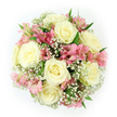 Seen from directly overhead, this bouquet forms a flawless, round cluster of soft tones set cleanly against a bright white background, giving the impression of a floating wreath of flowers. The main feature is a ring of large roses in shades of creamy white and pale ivory, each bloom fully open and spiralling outward in refined layers, suggesting both luxury and tenderness. Between and around these roses, pink alstroemeria - their petals narrow and elegant - introduce a gentle burst of colour; fine stripes of deeper pink and small washes of peach and light red near their centres lend the arrangement a subtle complexity. Wherever the eye travels, tiny white blossoms of baby's breath appear, scattered like a delicate cloud across the bouquet, creating a soft, blurred edge that contrasts beautifully with the more defined shapes of the roses and lilies. Occasional deep green leaves peep through the flowers, adding contrast and echoing the greenery of nearby parks and gardens in Stanmore, from the paths around Bentley Priory to the lawns near Stanmore Golf Club. The bouquet is densely composed yet carefully measured, forming a harmonious circle that reflects the practiced hand of a skilled Stanmore florist. Soft, even lighting bathes the arrangement, illuminating the textures of the petals, the fine filigree of the Gypsophila, and the rich green of the foliage without harsh shadows. The effect is serene, romantic, and gently uplifting, making this design feel perfect for an anniversary surprise delivered to a Stanmore townhouse, a bridal bouquet for an intimate local ceremony, or a tender message of appreciation sent across the HA7 area.