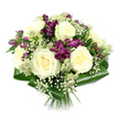 Against a spotless white background, this hand-tied bouquet appears almost suspended in space, its rounded silhouette revealing the thoughtful craftsmanship typical of Flower Delivery Stanmore. At its centre, several large, creamy white roses open fully, each bloom showcasing a delicate spiral of overlapping petals that seem to glow softly, evoking purity, remembrance, and quiet affection. Intertwined among these roses, rich purple and magenta alstroemeria lend a dramatic counterbalance, their slender, trumpet-shaped petals arching outward and introducing depth and movement. Some alstroemeria trumpets are fully unfurled, while others remain in bud, hinting at days of continued beauty after the bouquet arrives at a home in Stanmore or a flat near Queensbury. Throughout the design, small, cloud-like tufts of white baby's breath fill the spaces between the larger flowers, softening edges and creating a hazy, dreamy texture that lightens the entire composition. Nestled discreetly within the arrangement, pale green-white astrantia blooms offer fine, almost architectural detail; their star-shaped bracts and clustered centres bring a subtle echo of wild meadow flowers you might encounter during a walk in Stanmore Country Park. Around the base, wide, glossy aspidistra leaves are wrapped and folded into a sleek, dark green collar that frames the flowers above with a contemporary, sculptural finish. The stems extend neatly from beneath this leafy band, cut straight and gathered tightly, reinforcing the hand-crafted feel. The lighting is bright and neutral, highlighting the soft cream of the roses, the jewel-like purples, and the sheen on the foliage while keeping shadows gentle. The bouquet conveys a mood of composed elegance and gentle warmth, perfect for expressing sympathy, celebrating a milestone, or simply bringing a sense of calm refinement into a Stanmore home.