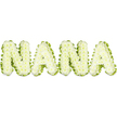 A fresh, organic take on the word 'NANA' sits boldly against a clean white background, each letter rendered in a soft, pale green that calls to mind the inside of a cucumber or a slice of lime. Instead of traditional blooms, the letters are composed of countless tiny, rounded, bumpy segments that form a gently undulating surface - like clusters of miniature green pearls, delicate plant cells, or an artist's stylised bunch of grapes. The texture is tactile and inviting, with a subtle, natural sheen catching the even studio light so each tiny facet reads clearly and seems almost touchable. The overall shape of each capital letter is plump and three-dimensional, giving the word a whimsical, nurturing presence that feels at once modern and lovingly handcrafted. Scent is faintly vegetal in the imagination - clean, green, almost herbaceous rather than floral - reinforcing the refreshing, wholesome impression this piece creates.

As a local florist's interpretation of a family name in organic tones, this composition would translate beautifully into contexts that celebrate home cooking, garden gatherings, or the comforting warmth of a grandmother's kitchen. Standing in for the affectionate nickname 'Nana,' the design communicates vitality and nourishment rather than formal mourning; its soft lime palette and bumpy, tactile surface suggest freshness, health and familial care. I picture this style fitting a community café sign or a gentle window display near Stanmore Broadway or by the quiet paths of Stanmore Common - a visual that links family, food, and the earth with graceful simplicity. The careful craftsmanship and textural detail show a considered hand, the kind of work a florist might photograph for a seasonal, locally rooted project in Stanmore and the surrounding Harrow neighbourhoods.