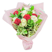 Upright against a clean white backdrop, this radiant bouquet reflects the expert touch of Stanmore's local florists. Approximately a dozen or more roses shimmer at its heart-half an intense, passionate red and half a creamy white, each bloom crisp and perfectly shaped. Tucked between the roses, varied greenery, including eucalyptus and glossy filler leaves, produces a dynamic tapestry of colour and texture reminiscent of Stanmore's leafy streets and garden squares. The flowers are gathered tightly into a classic, dome-shaped arrangement, their stems neatly enveloped in a blush pink wrapping. This soft presentation adds a touch of gentle romance-perfect for anniversaries, Mother's Day, or to celebrate new beginnings. With every petal and fold, the bouquet radiates joy, warmth, and the sense of thoughtful gifting so valued in the Stanmore community.