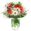 Radiating effortless grace and happiness, this Stanmore bouquet could have been gathered on a fine spring morning near Wood Lane. At its centre, coral-pink carnations display their signature ruffles in lively, textured waves, suggesting both abundance and refined fun. Among them, crisply petalled white daisies-each with a vibrant green centre-unfurl in cheerful arcs, beautifully complemented by soft clouds of baby's breath that weave a veil of airiness throughout the design. Hidden to the left, small magenta alstroemeria buds impart a playful pop of colour and the quiet promise of full bloom. Broad, glossy deep-green leaves cradle the bouquet, lending stability and natural elegance, while slender foliage meanders between the blossoms, enhancing the arrangement's organic beauty. These stems descend into a clear glass vase filled with fresh water, their vivid green tones clearly visible beneath the surface. The striking contrast against a white background makes every flower and leaf stand out in exquisite detail. Whether intended as a bright birthday surprise, a symbol of affection, or a gentle note of encouragement, this bouquet brings the fresh, joyful essence of Stanmore straight to the heart of any room-conveying optimism and care through every carefully chosen bloom.