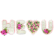 A composed, tender floral message spells out H E (heart) U against a bright, clean white backdrop, each character crafted with careful attention to texture and tone. The H, E and U are built from dense clusters of pure white chrysanthemums, their tiny petals forming a soft, cushion-like surface whose creamy sheen catches the light like fresh snowfall. Each letter is gently edged in a ruffled blush-pink satin ribbon that lends a soft, tactile frame and a whisper of warmth. At the left of the H and along the lower curves of the U, small accent clusters of vivid fuchsia roses punctuate the calm white field; their velvety petals are paired with tiny reddish-pink berries and slender, deep green fern-like foliage to add contrast, structure and a hint of woodland fragrance. Between the letters, the heart shape reads as the emotional centrepiece: a lush mosaic of soft pink carnations and blush lisianthus or smaller pink roses, threaded with pale green eucalyptus leaves that give a cool, aromatic lift. The carnations' ruffled edges and the lisianthus' delicate cups create a layered surface that appears almost tactile from across the room. The overall composition feels both intimate and formal, appropriate for a celebration of life or a personal memorial. A local florist's hand is evident in the balanced accents and the neat ribbon borders, a style often requested by families in Stanmore and for services held near Stanmore Broadway or Canons Park. The scent is quietly floral-roses and eucalyptus-while the visual speaks of purity, affection and enduring remembrance rendered through experienced floristry.